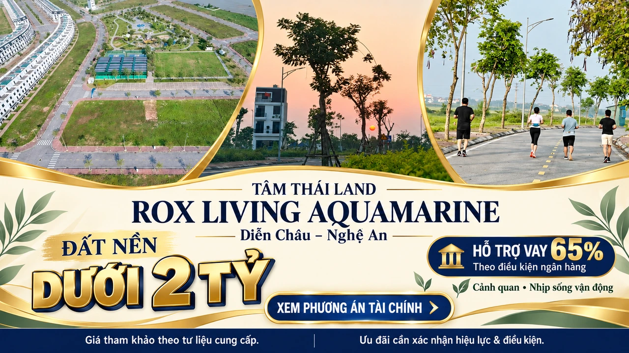 Thiết kế Aquamarine có toàn cảnh đường nội khu, hàng cây lúc chiều và bốn người vận động trên đường; giá đất nền tham khảo dưới 2 tỷ.