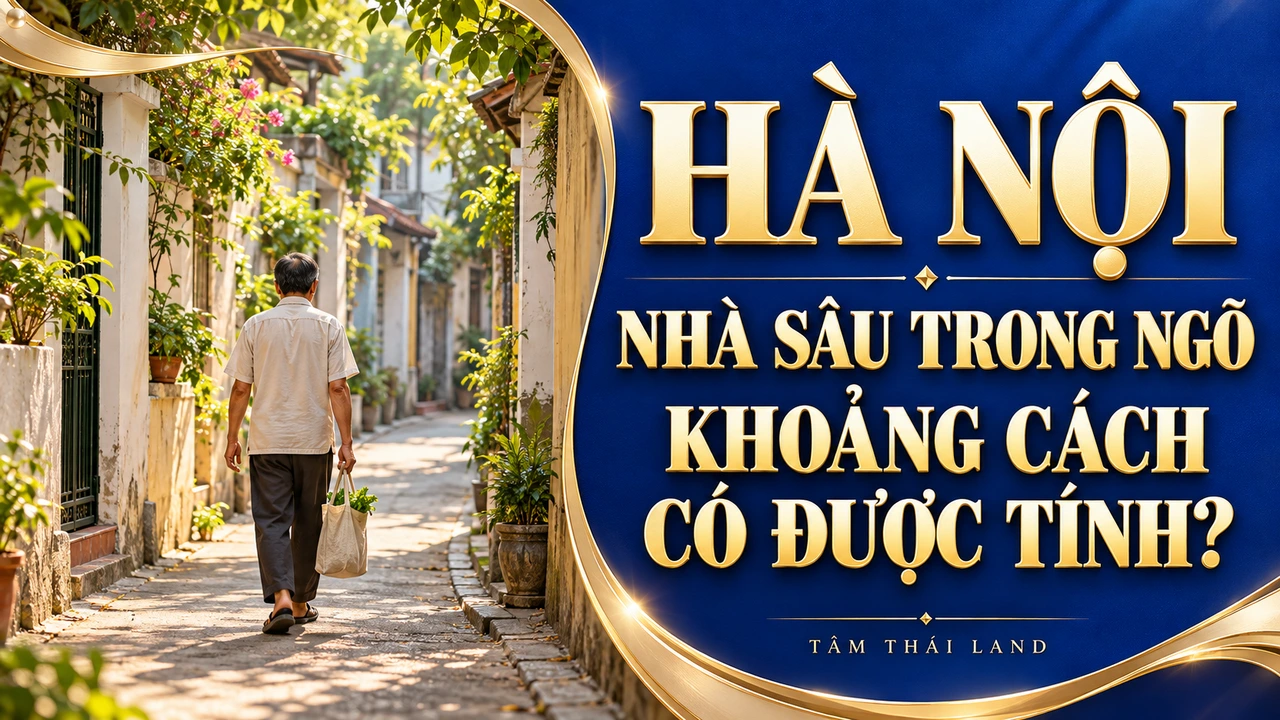 Minh họa AI một người đi bộ trong ngõ có cây xanh, cạnh câu hỏi về khoảng cách khi tra giá đất Hà Nội.