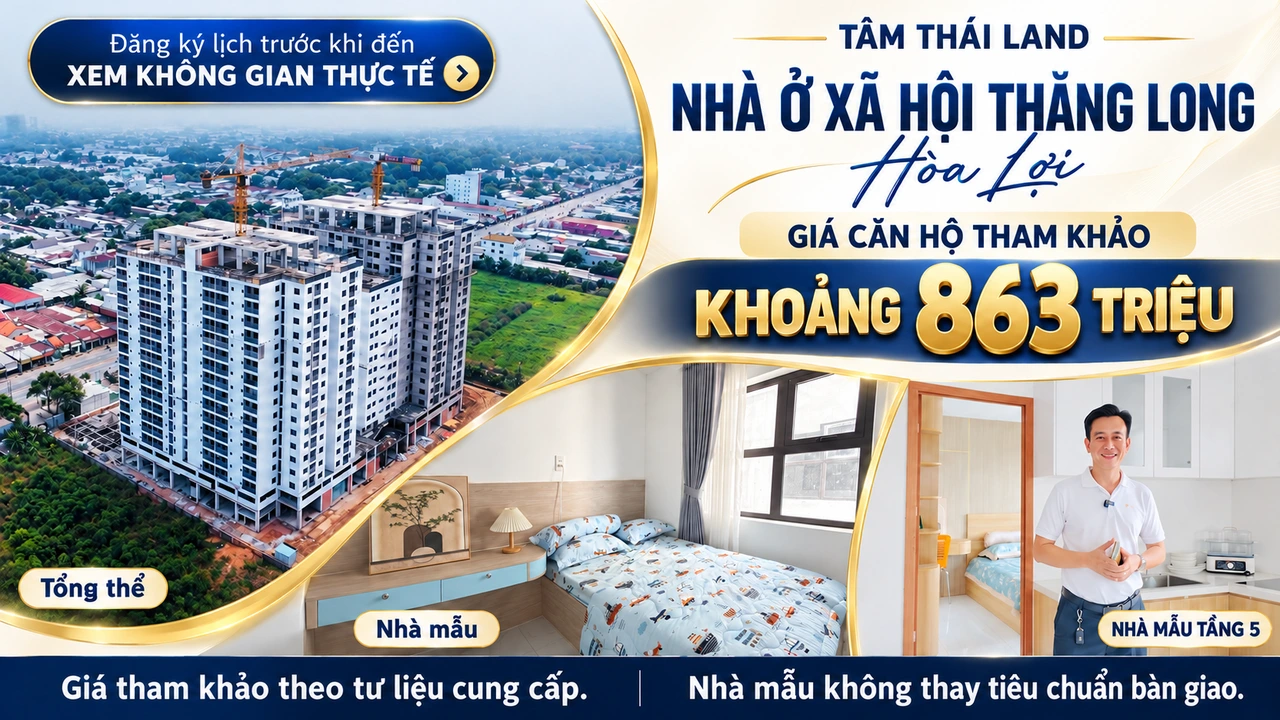 Thiết kế Nhà ở xã hội Thăng Long gồm toàn cảnh công trình, phòng ngủ và người đứng trong căn mẫu tầng 5, giá tham khảo khoảng 863 triệu.
