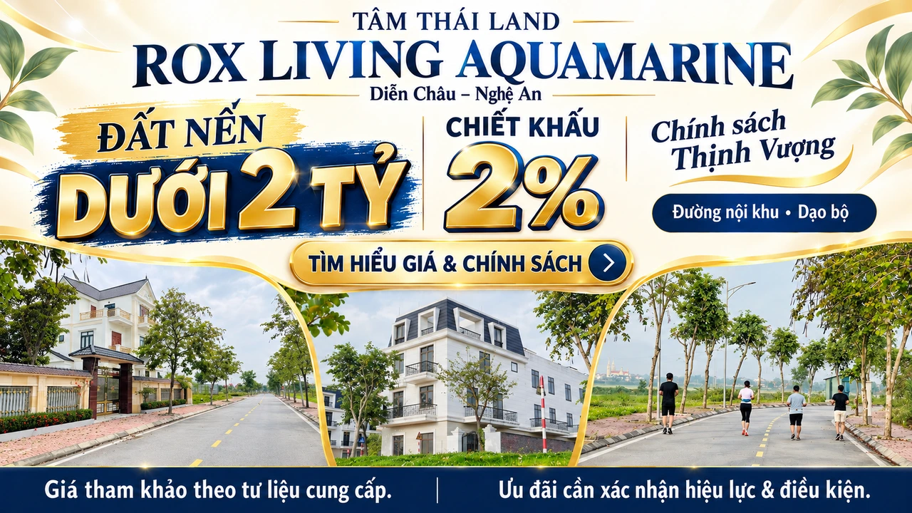 Thiết kế Aquamarine gồm đường nội khu, góc nhà và bốn người vận động; giá đất nền tham khảo dưới 2 tỷ, chiết khấu 2% theo chính sách.