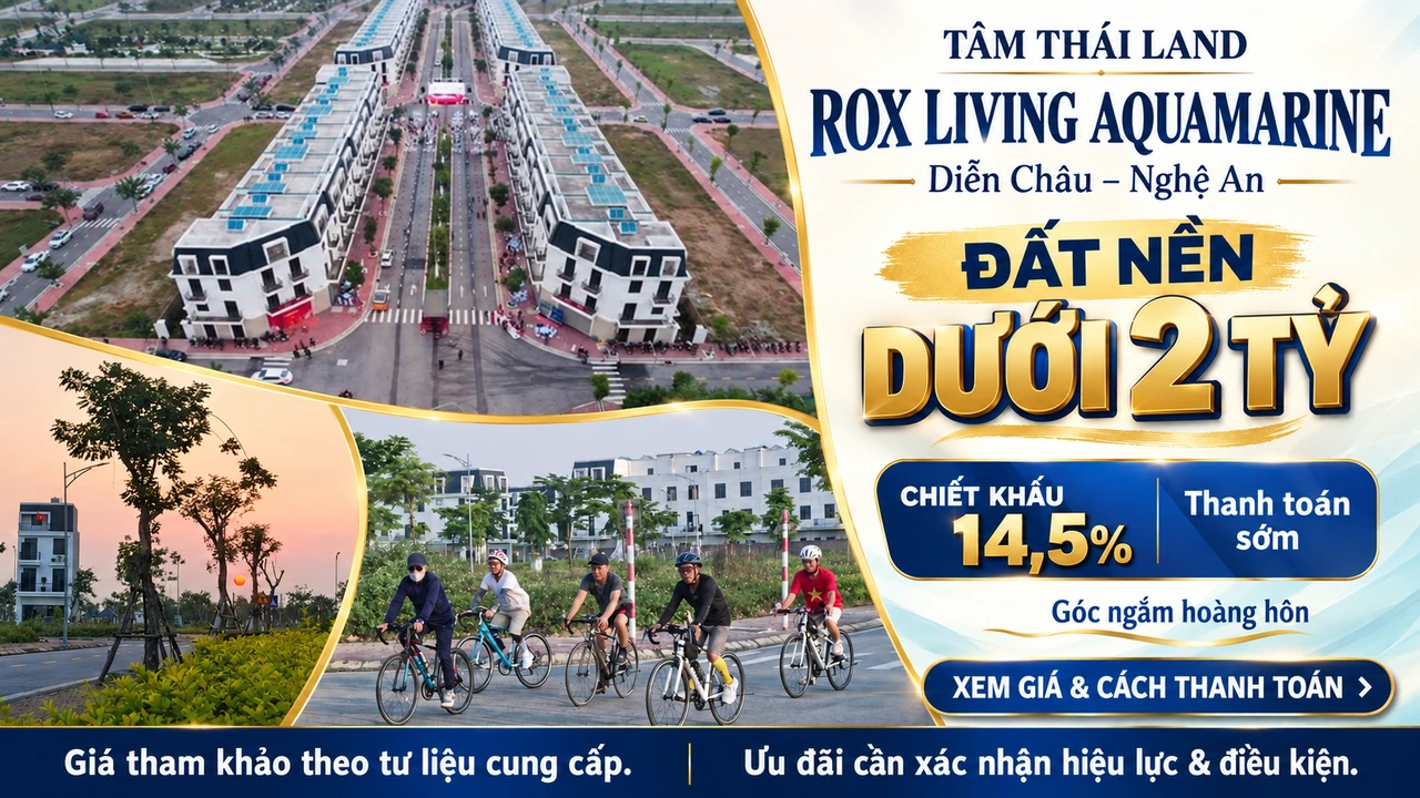 Thiết kế Aquamarine gồm toàn cảnh dãy nhà, hàng cây hoàng hôn và người đạp xe, giá đất nền dưới 2 tỷ và chiết khấu 14,5% thanh toán sớm.