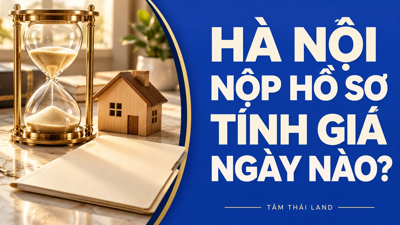 Minh họa AI đồng hồ cát, mô hình nhà và bìa hồ sơ trống cạnh câu hỏi Hà Nội nộp hồ sơ tính giá ngày nào.