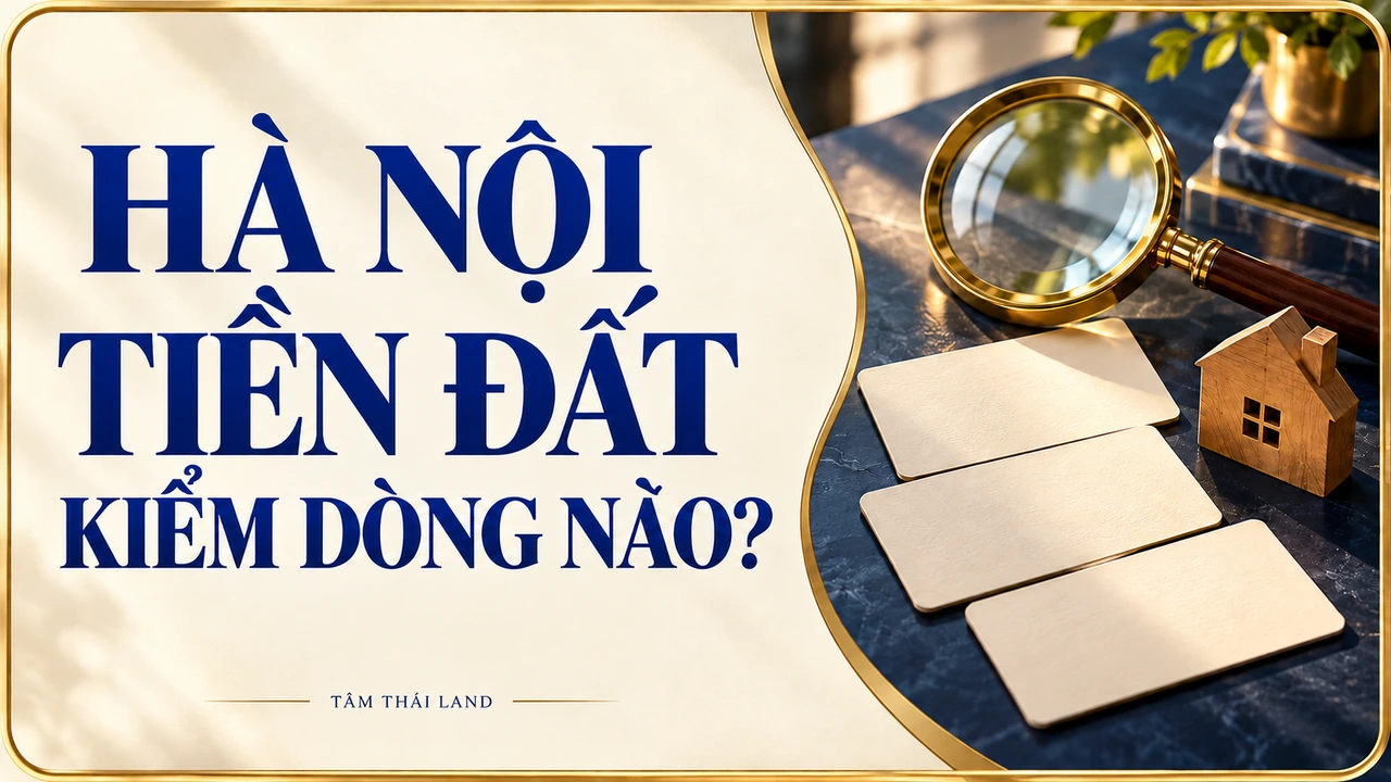 Minh họa AI kính lúp, ba tấm thẻ trống và mô hình nhà cạnh câu hỏi Hà Nội tiền đất kiểm dòng nào.