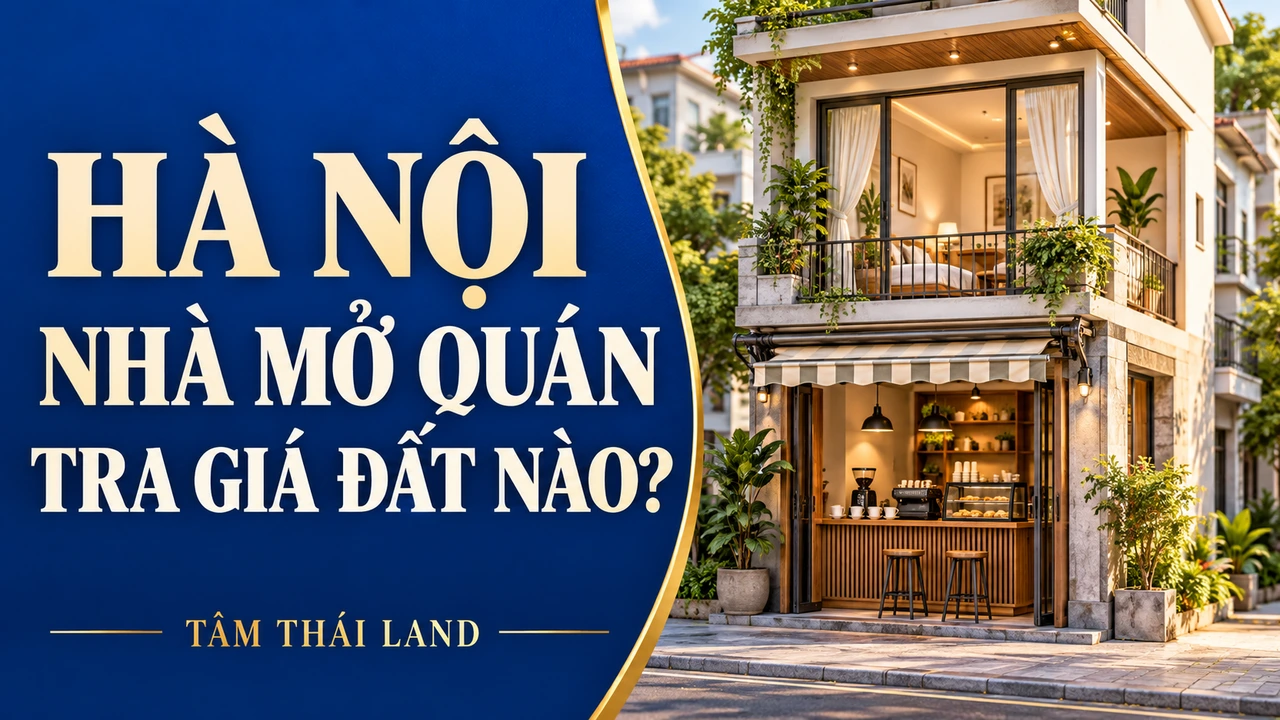 Minh họa AI nhà có quán cà phê tầng trệt và phòng ở phía trên, bên câu hỏi Hà Nội: nhà mở quán tra giá đất nào.