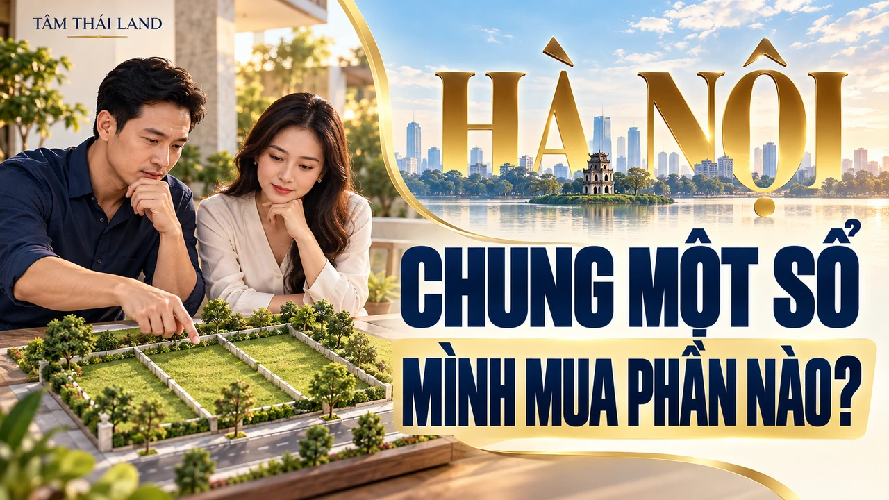 Mua đất chung sổ Hà Nội: Phần quyền và phần đất riêng; minh họa AI, không phải giao dịch hay hồ sơ thực tế.