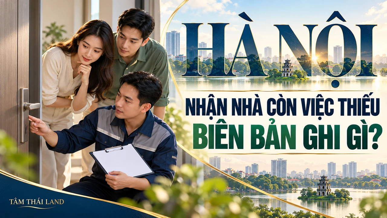 Bàn giao nhà đất Hà Nội: Biên bản ghi hiện trạng và việc thiếu; minh họa AI, không phải giao dịch hay hồ sơ thực tế.