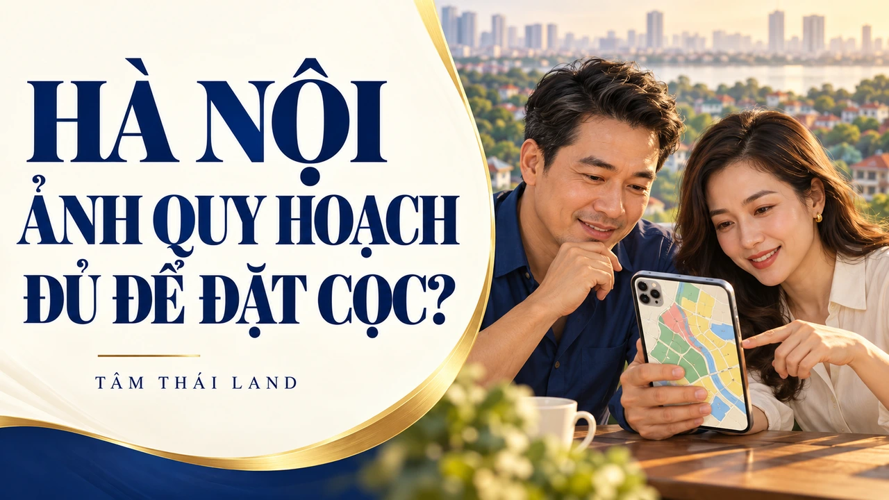 Minh họa AI đôi vợ chồng xem bản đồ trừu tượng trên điện thoại, bên câu hỏi Hà Nội: ảnh quy hoạch đủ để đặt cọc?