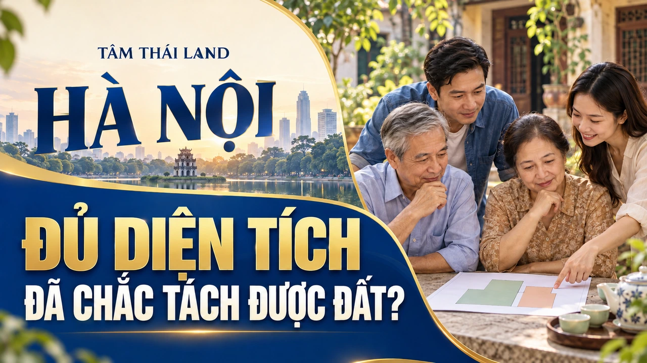 Minh họa AI cha mẹ và hai người con cùng xem phương án chia đất, bên câu hỏi Hà Nội: đủ diện tích đã chắc tách được đất?