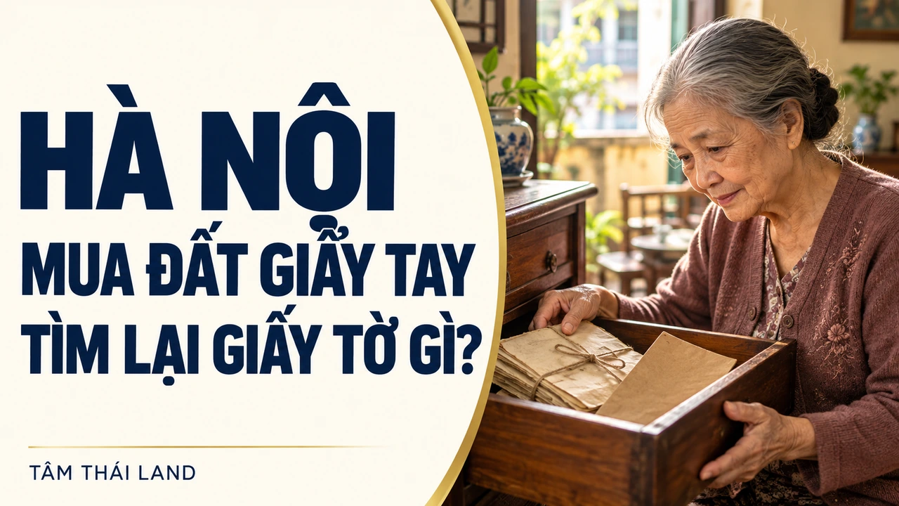 Minh họa AI người phụ nữ tìm tập giấy cũ trong ngăn kéo, bên câu hỏi Hà Nội mua đất giấy tay tìm lại giấy tờ gì.