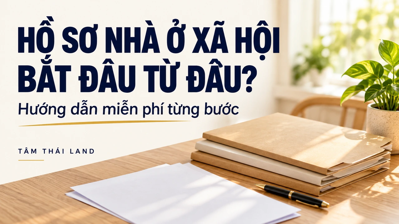 Bìa hướng dẫn miễn phí hồ sơ nhà ở xã hội với bìa hồ sơ, giấy trắng và bút trên bàn.