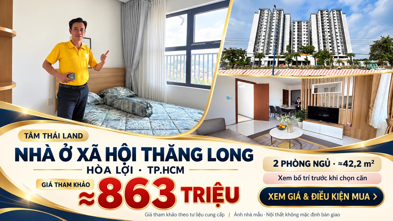 Tư liệu nhà ở xã hội Thăng Long tại Hòa Lợi, TP.HCM; căn hộ mẫu và tổng thể công trình