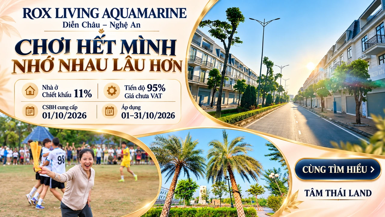 ROX Living Aquamarine Diễn Châu Nghệ An với dãy nhà, công viên và hoạt động cộng đồng