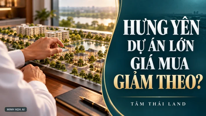 Minh họa AI người xem mô hình khu nhà với câu hỏi hệ số K Hưng Yên 2026 có làm giá mua giảm theo quy mô dự án không.