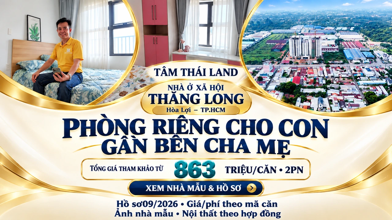 Nhà ở xã hội Thăng Long Hòa Lợi TP.HCM với phòng ngủ mẫu, người giới thiệu và tổng thể công trình