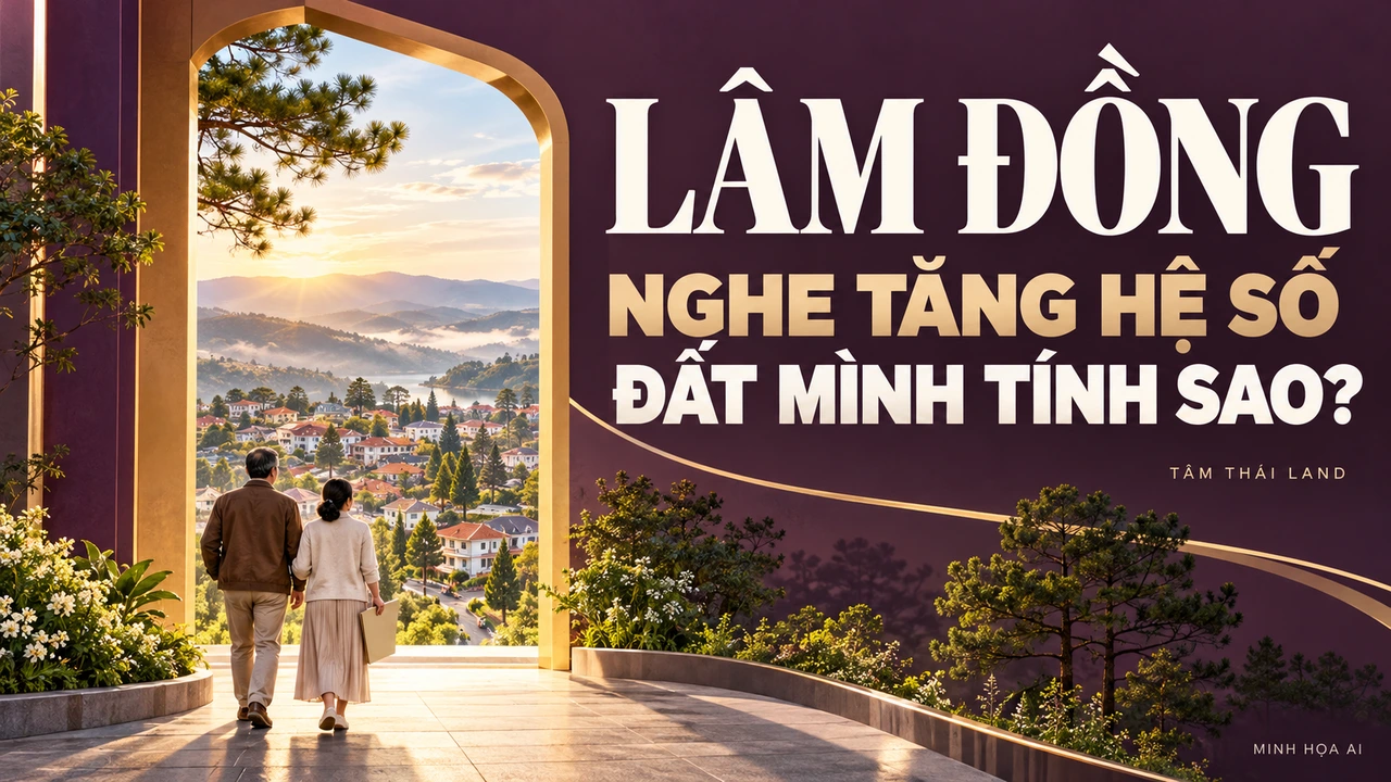 Minh họa AI đôi vợ chồng nhìn qua khung cửa ra khu nhà vùng cao, bên câu hỏi hệ số đất tại Lâm Đồng.