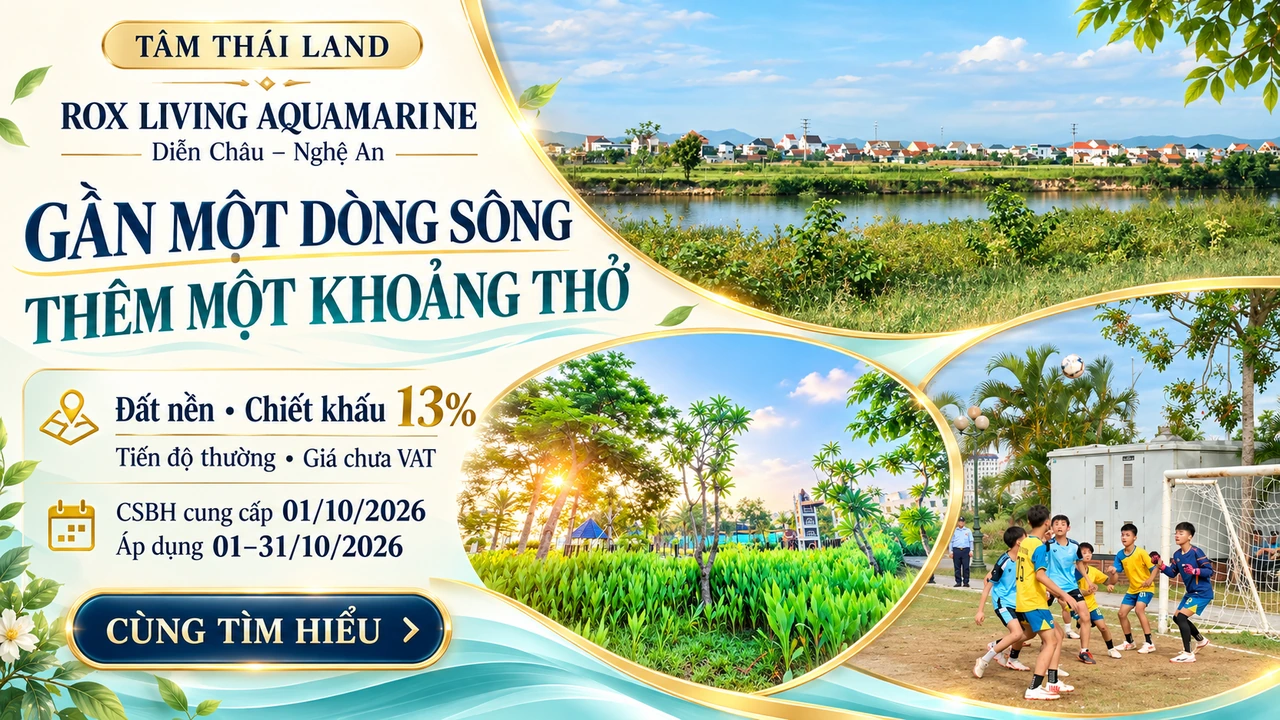ROX Living Aquamarine Diễn Châu Nghệ An với cảnh sông, công viên và hoạt động bóng đá