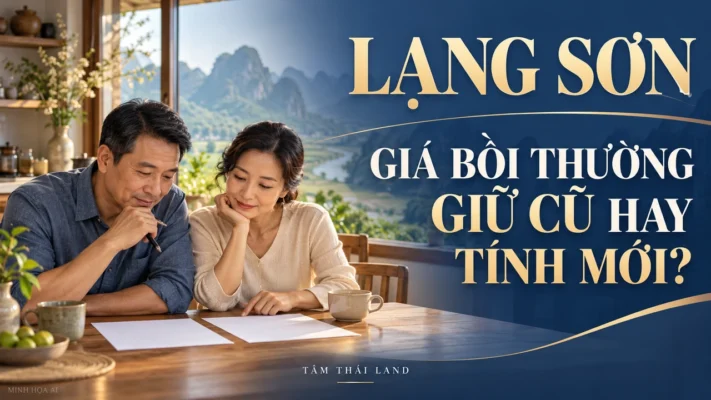 Minh họa AI gia đình xem giấy tờ với câu hỏi giá bồi thường đất Lạng Sơn 2026 giữ cũ hay tính mới.