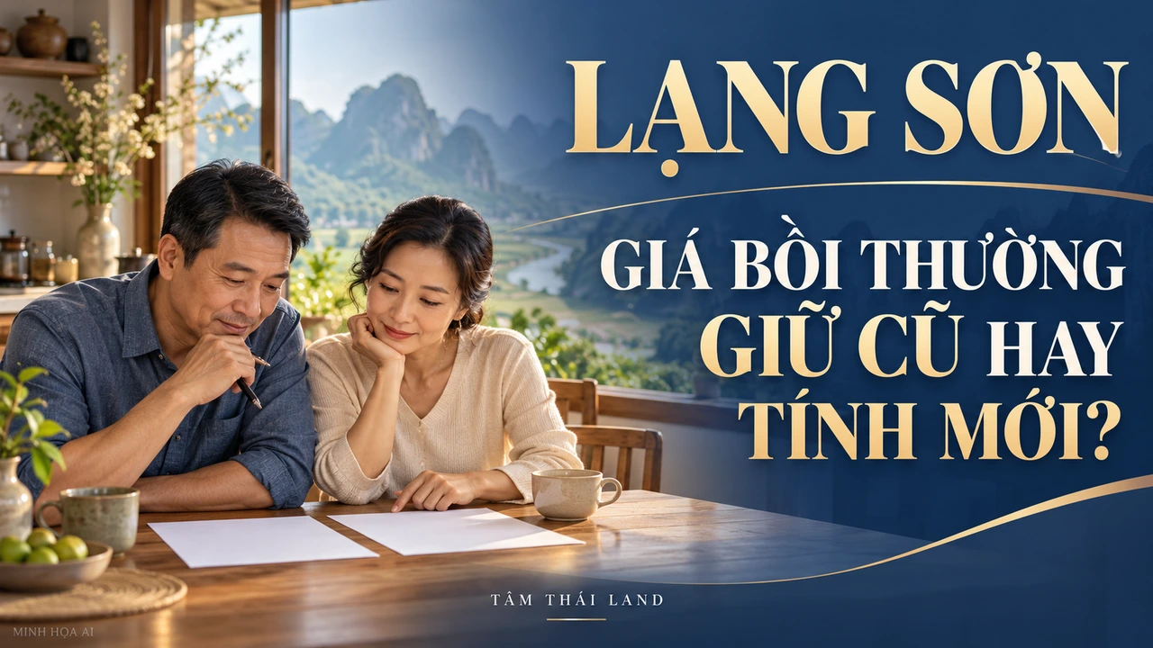 Minh họa AI gia đình xem giấy tờ với câu hỏi giá bồi thường đất Lạng Sơn 2026 giữ cũ hay tính mới.