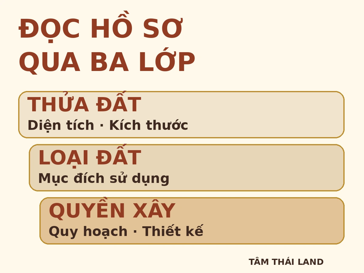 Ba lớp cần đối chiếu: thửa đất và kích thước; loại đất và mục đích; quyền xây theo quy hoạch và thiết kế.
