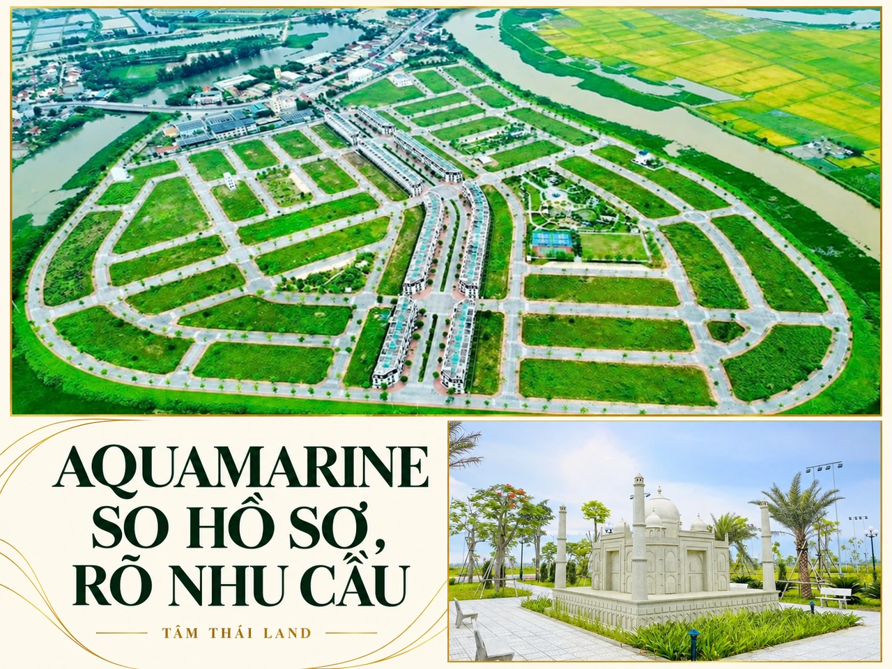 Thiết kế mới Aquamarine với hai ô ảnh riêng: toàn cảnh trên cao và một góc cảnh quan có mô hình kiến trúc.