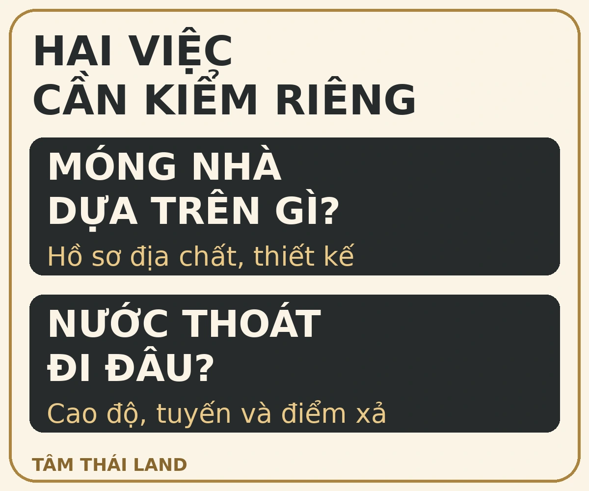 Hai câu hỏi cần kiểm riêng: móng nhà dựa trên gì và nước thoát đi đâu.