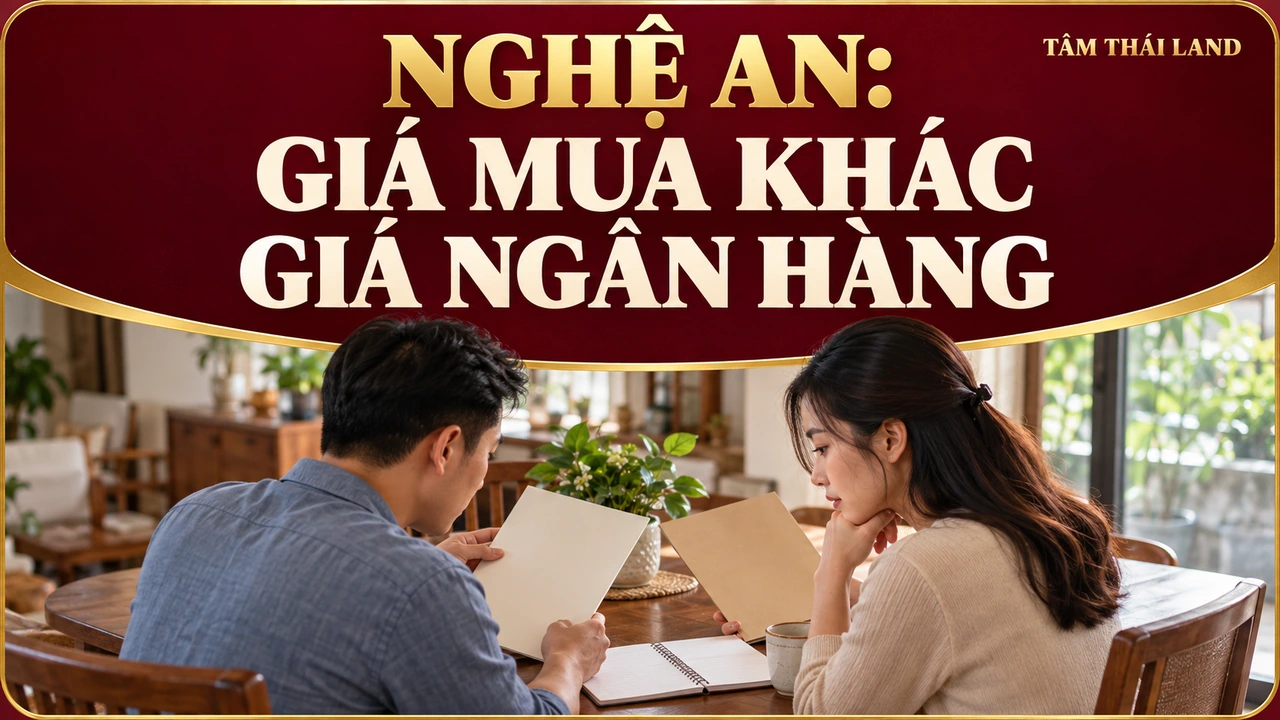 Bìa Nghệ An với gia đình minh họa đang đối chiếu tài chính và câu hỏi giá mua khác giá ngân hàng.
