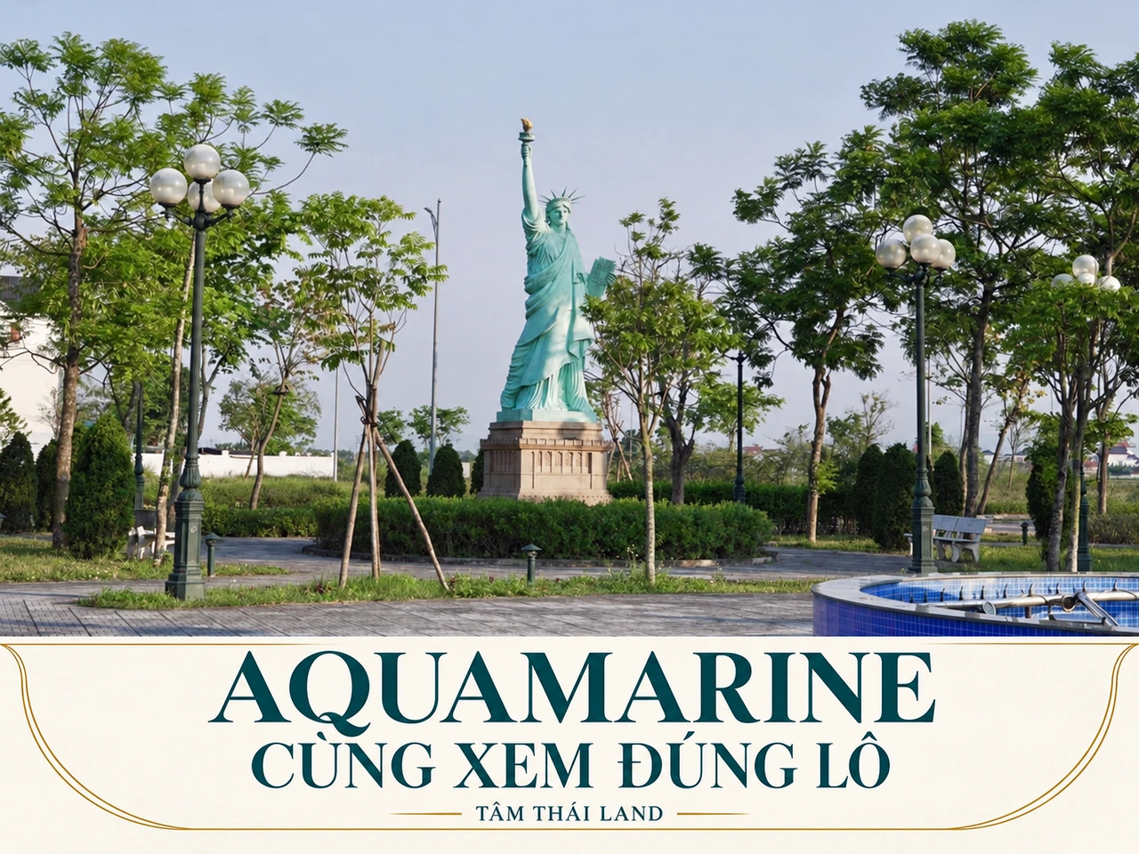 Thiết kế Aquamarine với ảnh tư liệu mô hình tượng xanh trong vườn, cùng lời mời cùng xem đúng lô.