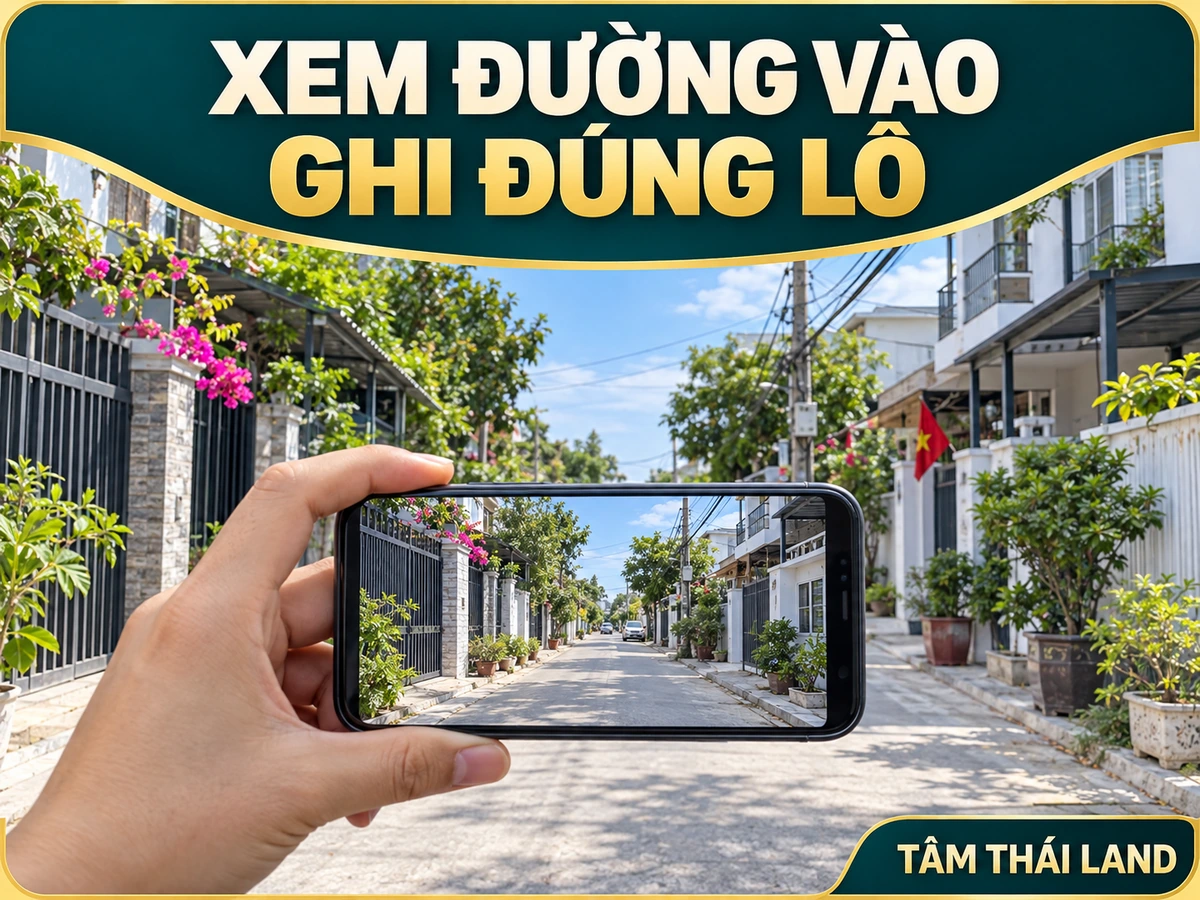 Minh họa tay cầm điện thoại quay ngang đường vào khu dân cư, cùng lời nhắc ghi đúng lô.