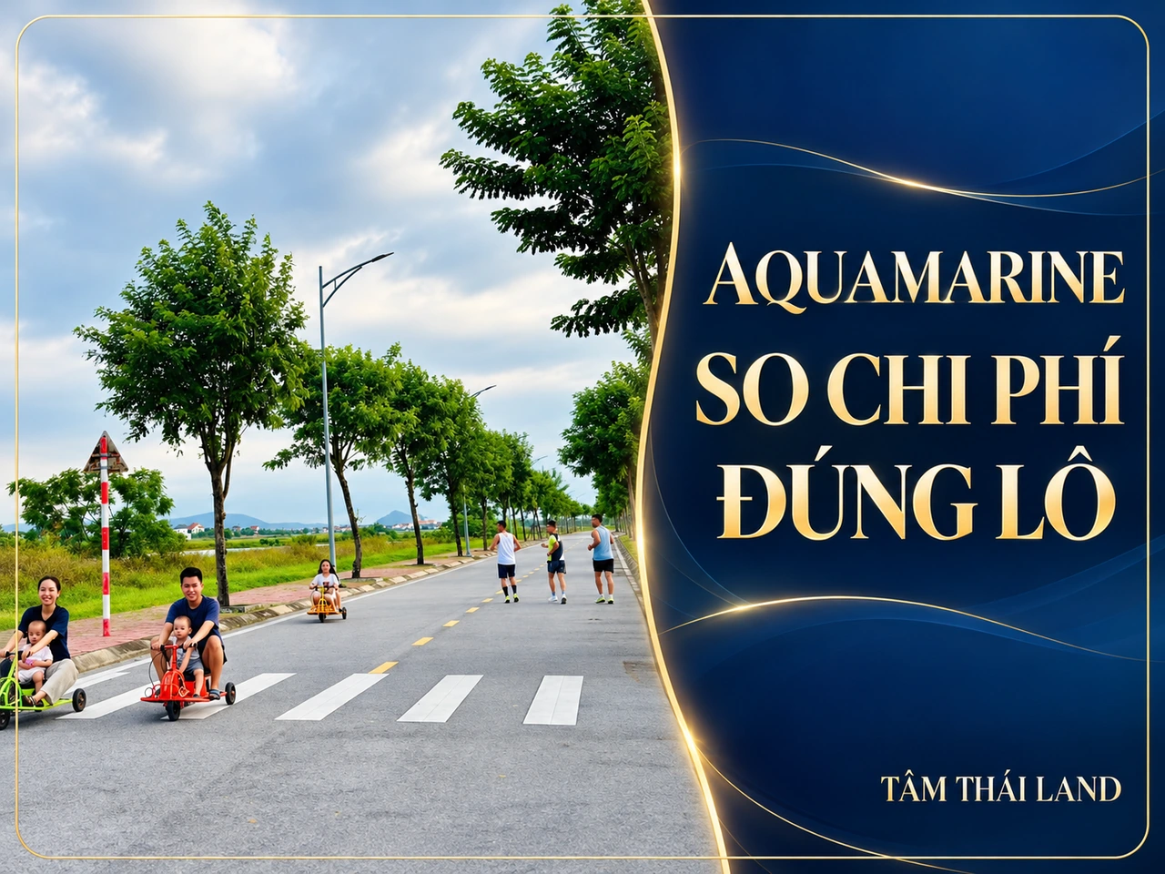 Thiết kế Aquamarine với tư liệu gia đình đi xe đạp nhỏ, người chạy bộ phía sau và lời nhắc so chi phí đúng lô.