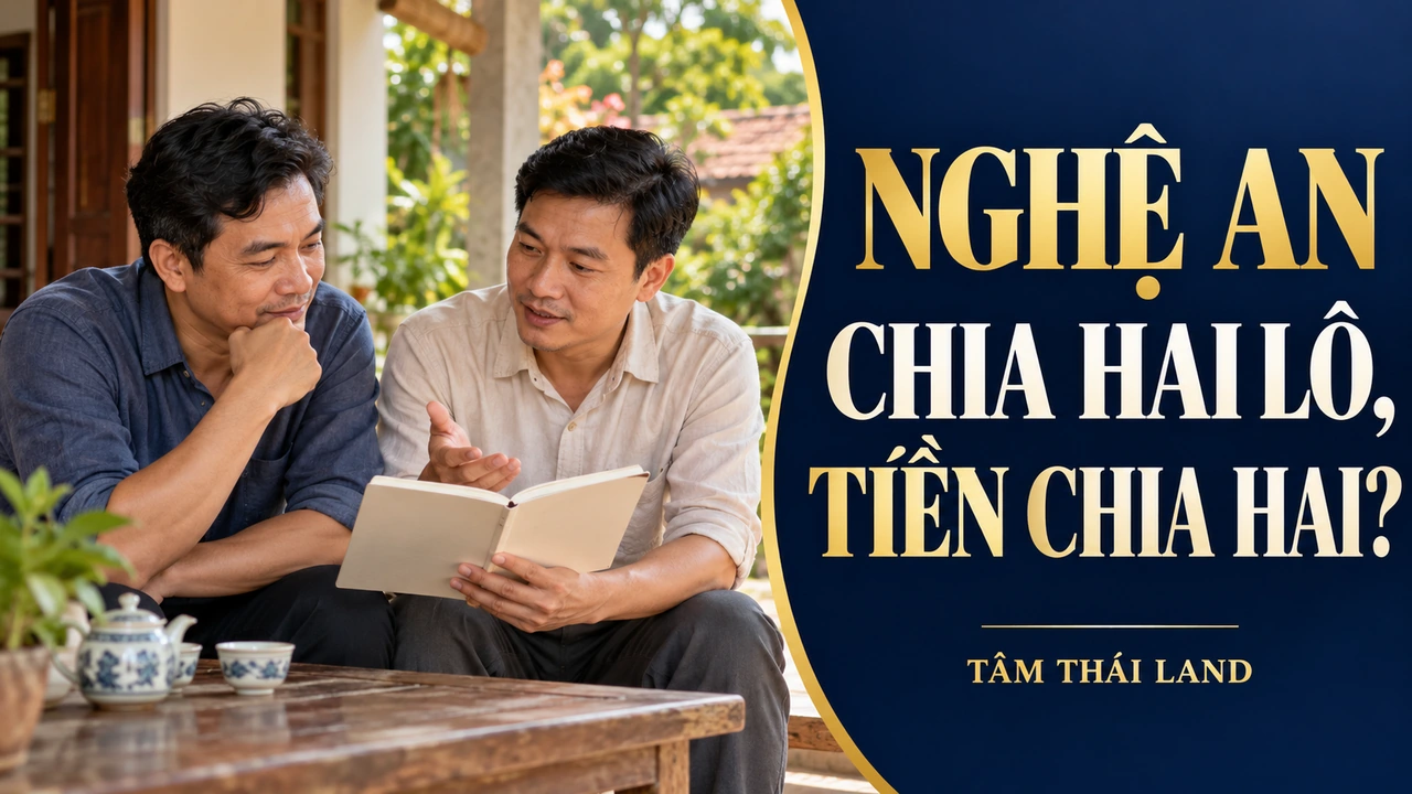 Bìa Nghệ An: hai người thân trao đổi bên hiên nhà cùng câu hỏi chia hai lô, tiền chia hai.