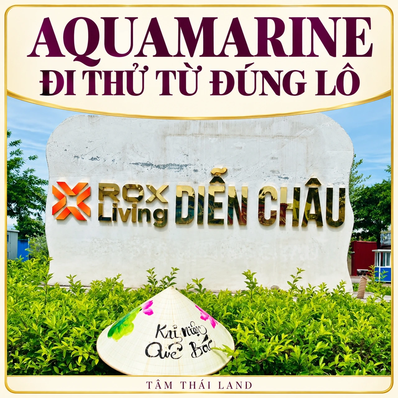 Thiết kế Aquamarine với tư liệu biển ROX Living Diễn Châu và nón lá, kèm lời mời đi thử từ đúng lô.