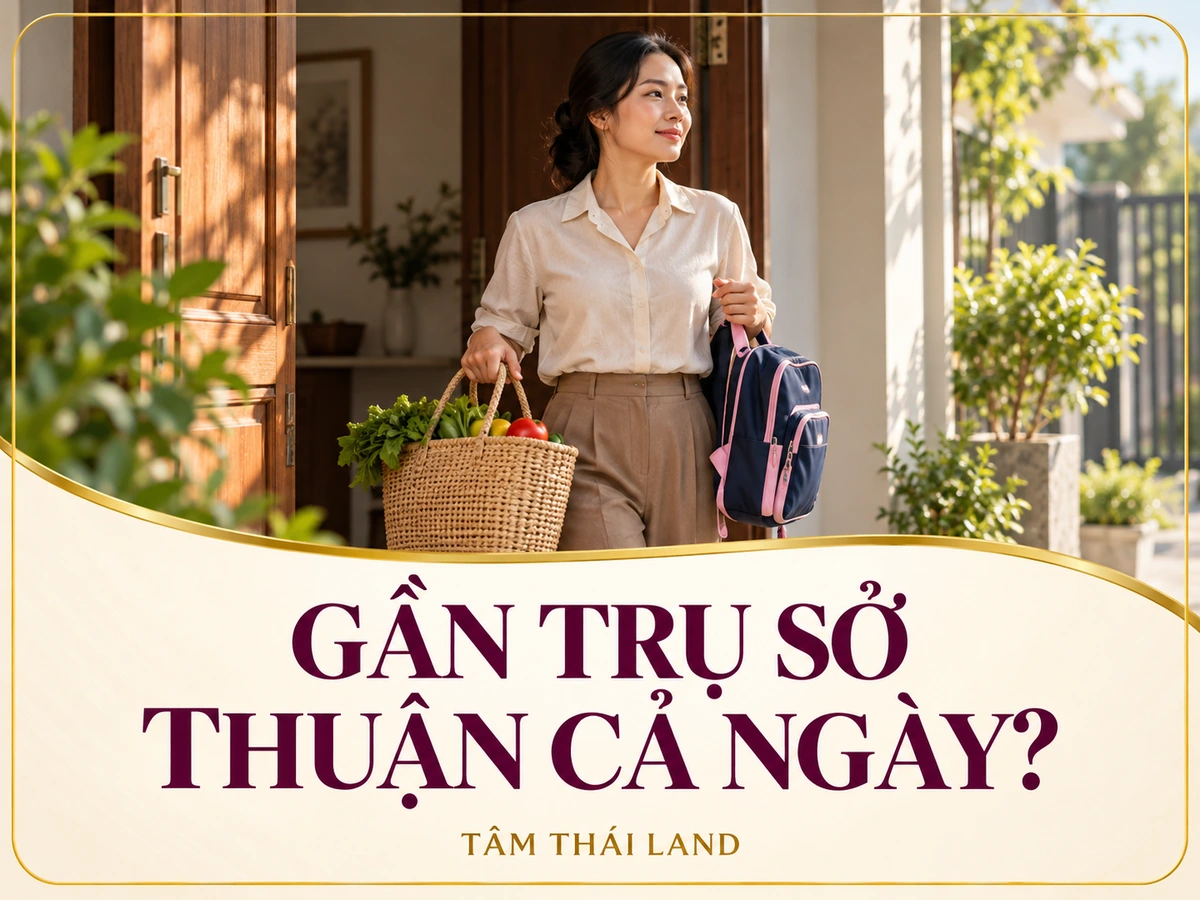 Minh họa người mẹ cầm giỏ đi chợ và cặp sách, cùng câu hỏi gần trụ sở có thuận cả ngày.