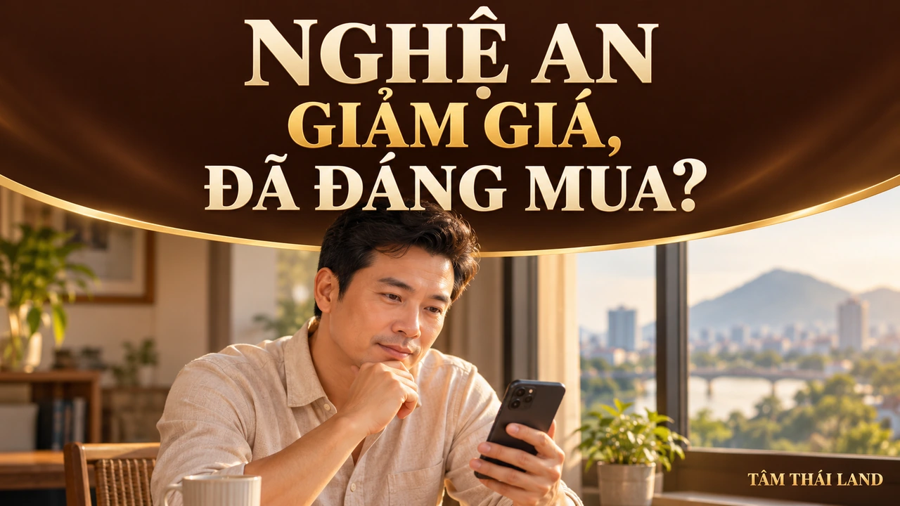 Bìa Nghệ An đặt câu hỏi giảm giá đã đáng mua, cùng minh họa người đàn ông xem điện thoại.