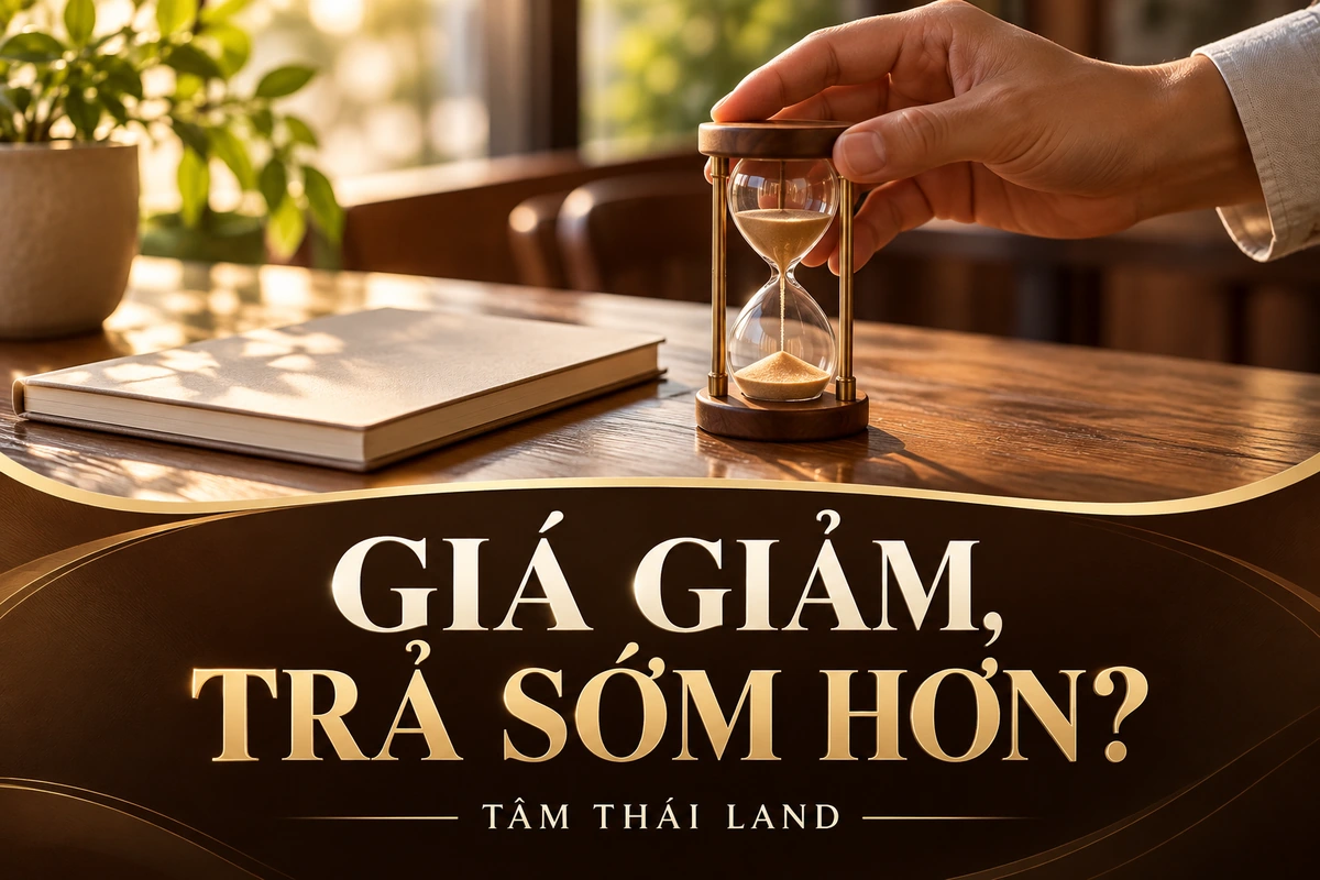 Minh họa tay đặt đồng hồ cát bên sổ trống với câu hỏi giá giảm có phải trả sớm hơn.