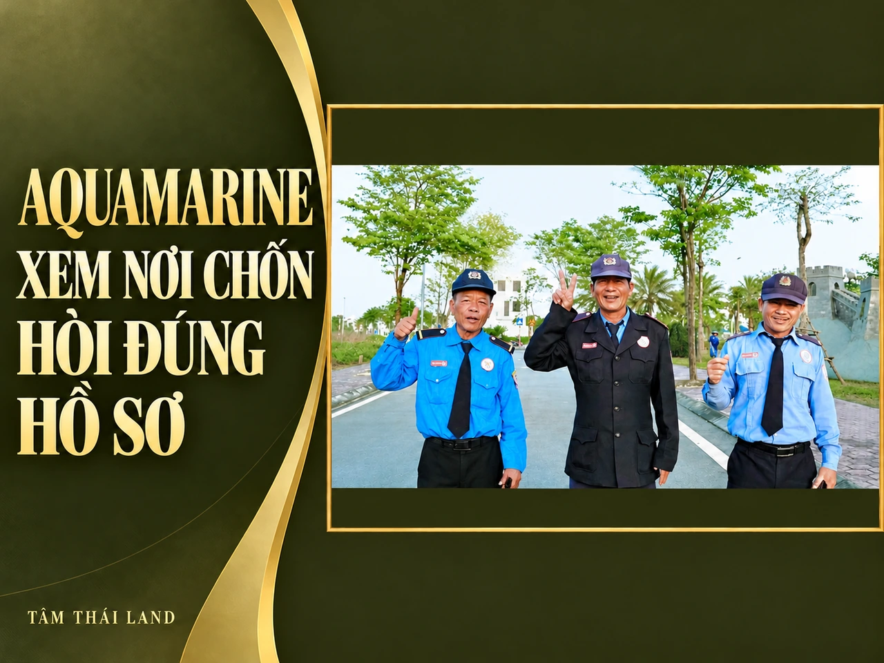 Thiết kế Aquamarine với tư liệu ba người đồng phục trên đường nội khu bên lời mời xem nơi chốn và hỏi đúng hồ sơ.