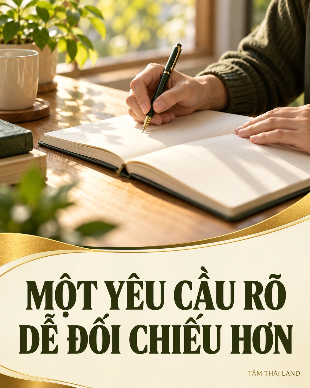 Minh họa bàn tay cầm bút trên sổ trống và lời nhắc một yêu cầu rõ giúp dễ đối chiếu hơn.