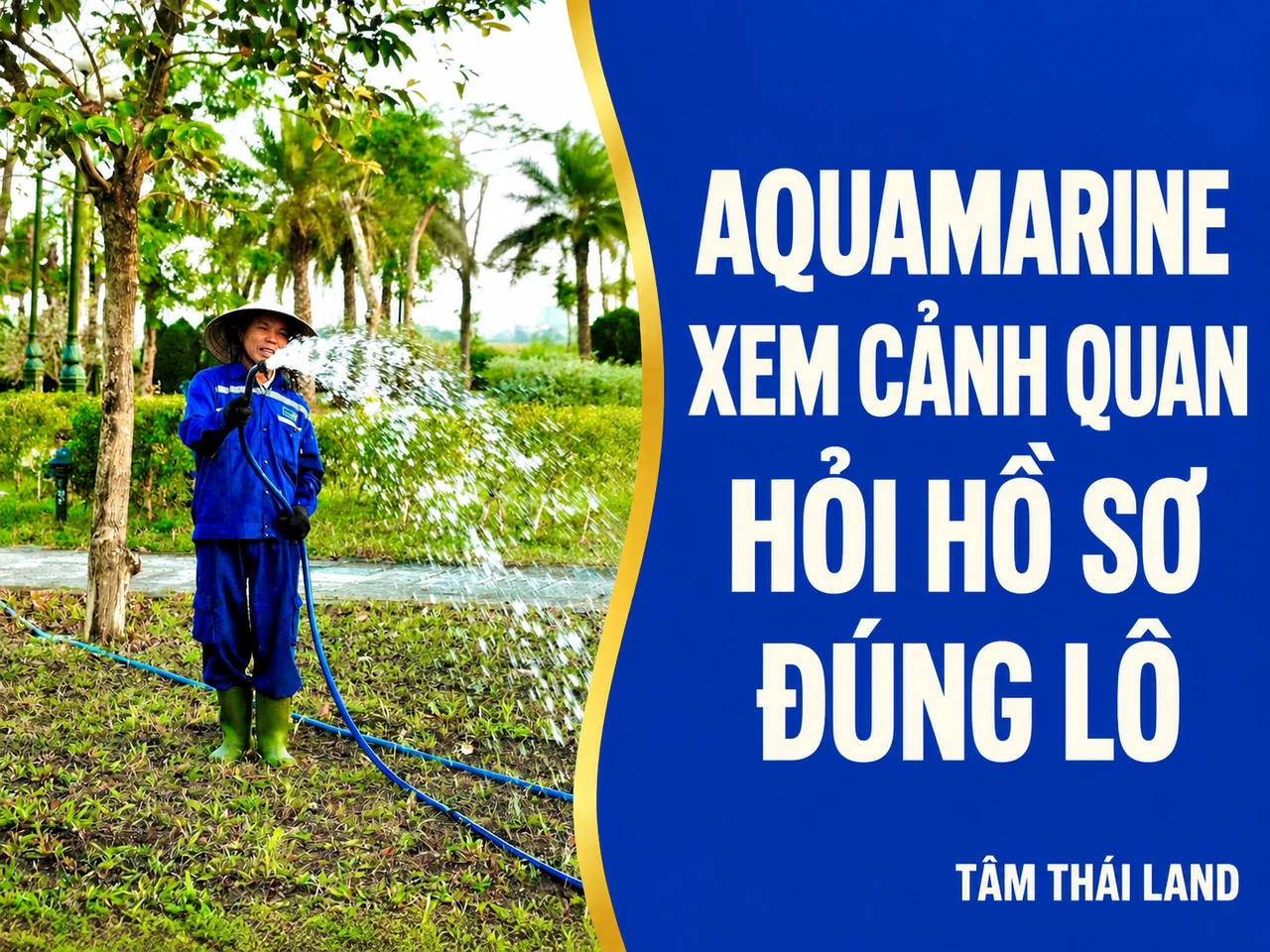 Thiết kế Aquamarine với tư liệu một người mặc đồ xanh cầm vòi tưới cây và lời mời xem cảnh quan, hỏi hồ sơ đúng lô.