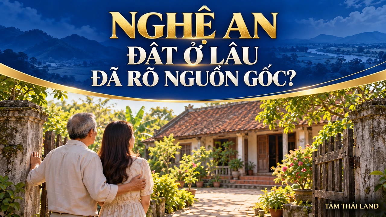 Bìa Nghệ An hỏi đất ở lâu đã rõ nguồn gốc chưa, cùng minh họa hai người nhìn về nhà và sân vườn.