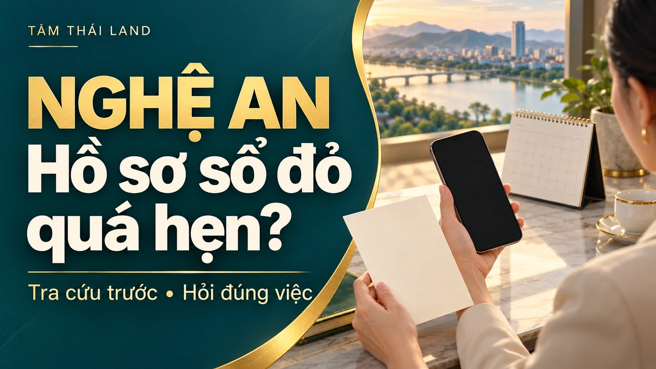 Bìa Nghệ An hồ sơ sổ đỏ quá hẹn, minh họa người cầm điện thoại và tờ giấy trắng.