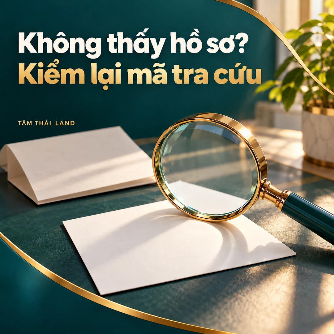 Kính lúp trên tờ giấy trắng với nhắc nhở kiểm lại mã khi không tìm thấy hồ sơ.
