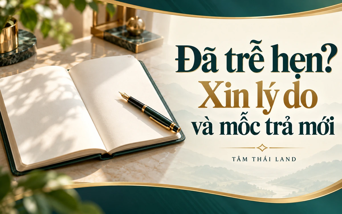 Sổ tay trắng và bút với lời nhắc xin lý do cùng mốc trả mới khi hồ sơ trễ hẹn.