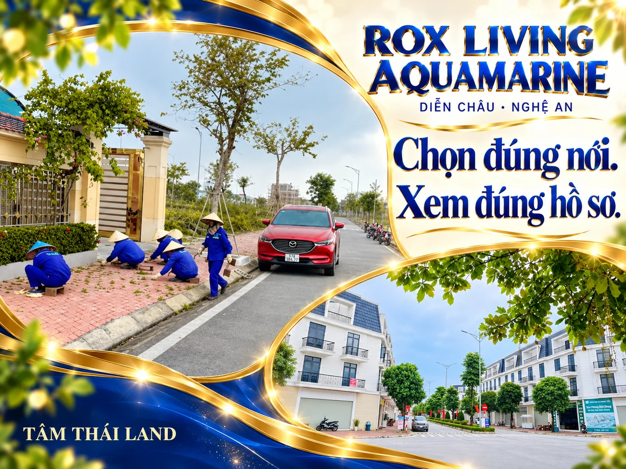Collage Aquamarine Diễn Châu Nghệ An với nhóm người mặc đồ xanh bên lề đường và khung góc phố, chữ chọn đúng nơi xem đúng hồ sơ.