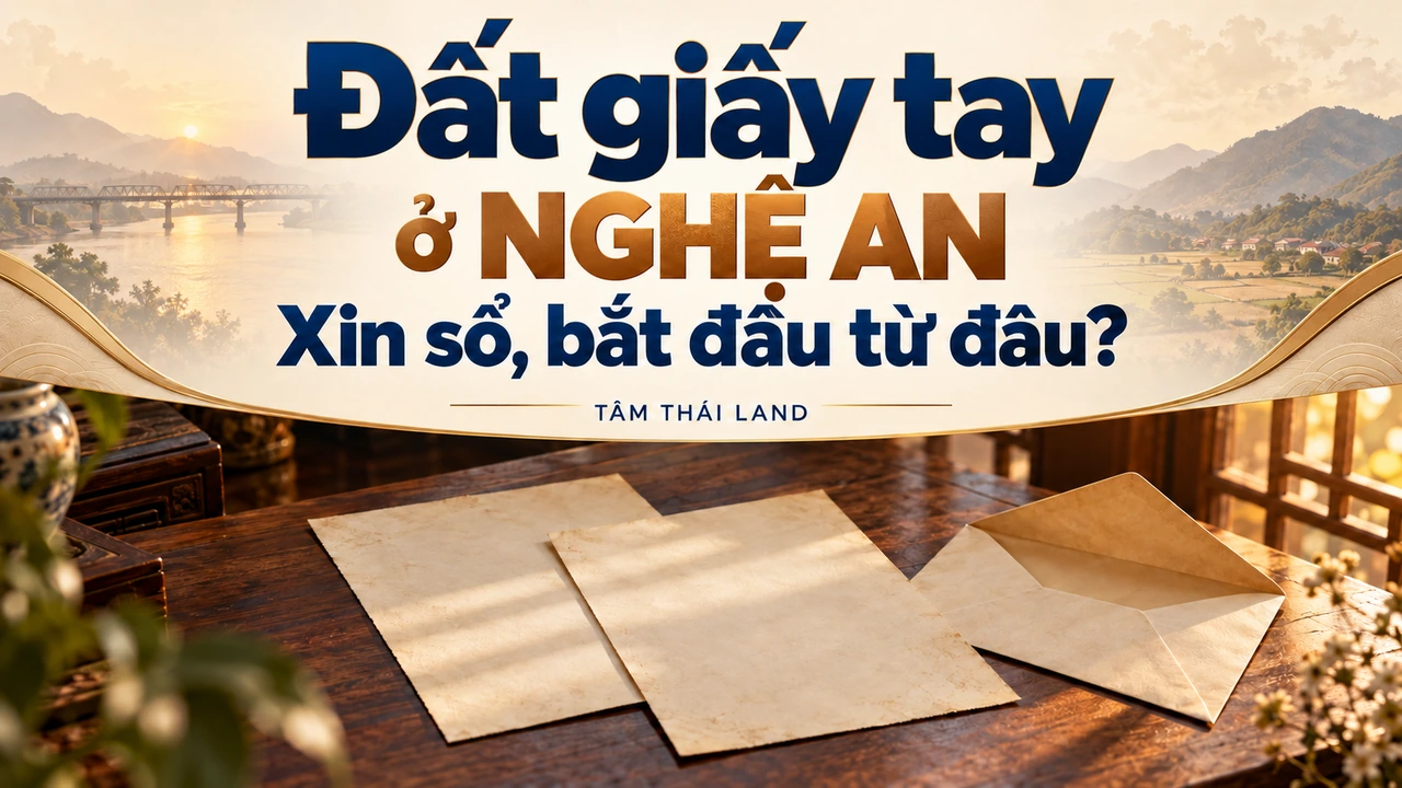 Bìa đất giấy tay ở Nghệ An với câu hỏi xin sổ bắt đầu từ đâu và hai tờ giấy trắng trên bàn.