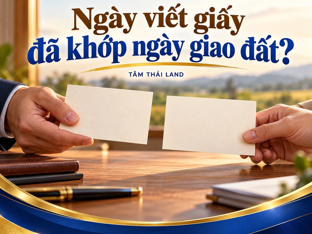 Hai bàn tay cầm hai tờ giấy trắng tách rời với câu hỏi ngày viết giấy đã khớp ngày giao đất chưa.