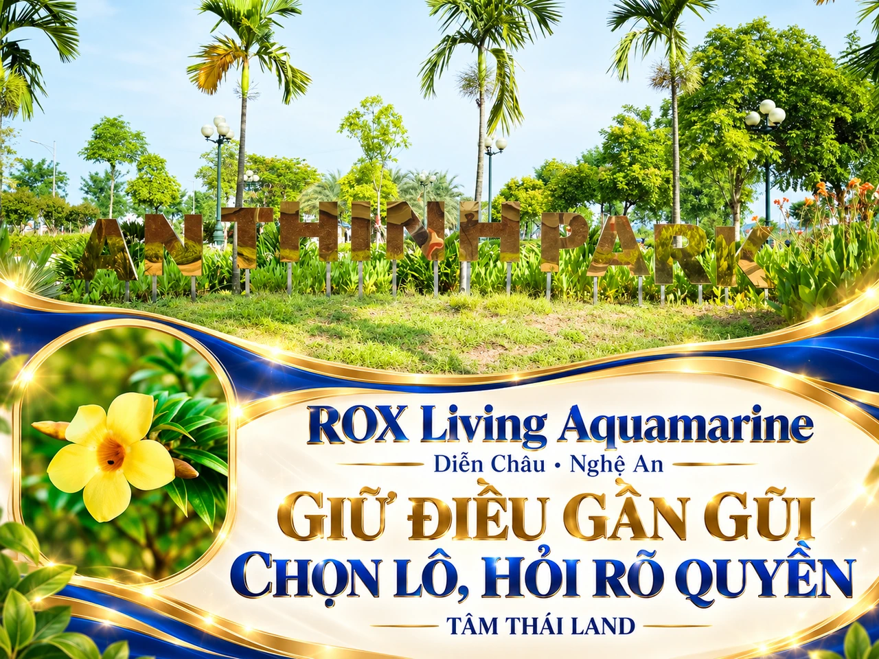 Collage cảnh vườn An Thịnh và hoa vàng từ kho Aquamarine, nhắc hỏi quyền giao dịch đúng lô.