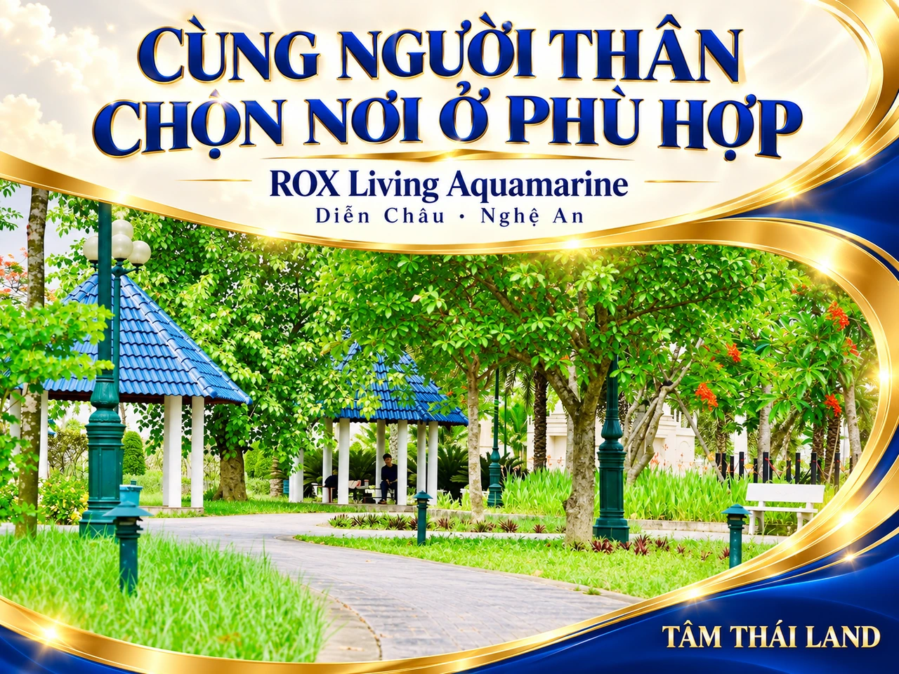 Thiết kế từ tư liệu lối đi, chòi nghỉ mái xanh và cây tại Aquamarine, gợi việc cùng người thân xem nơi ở.