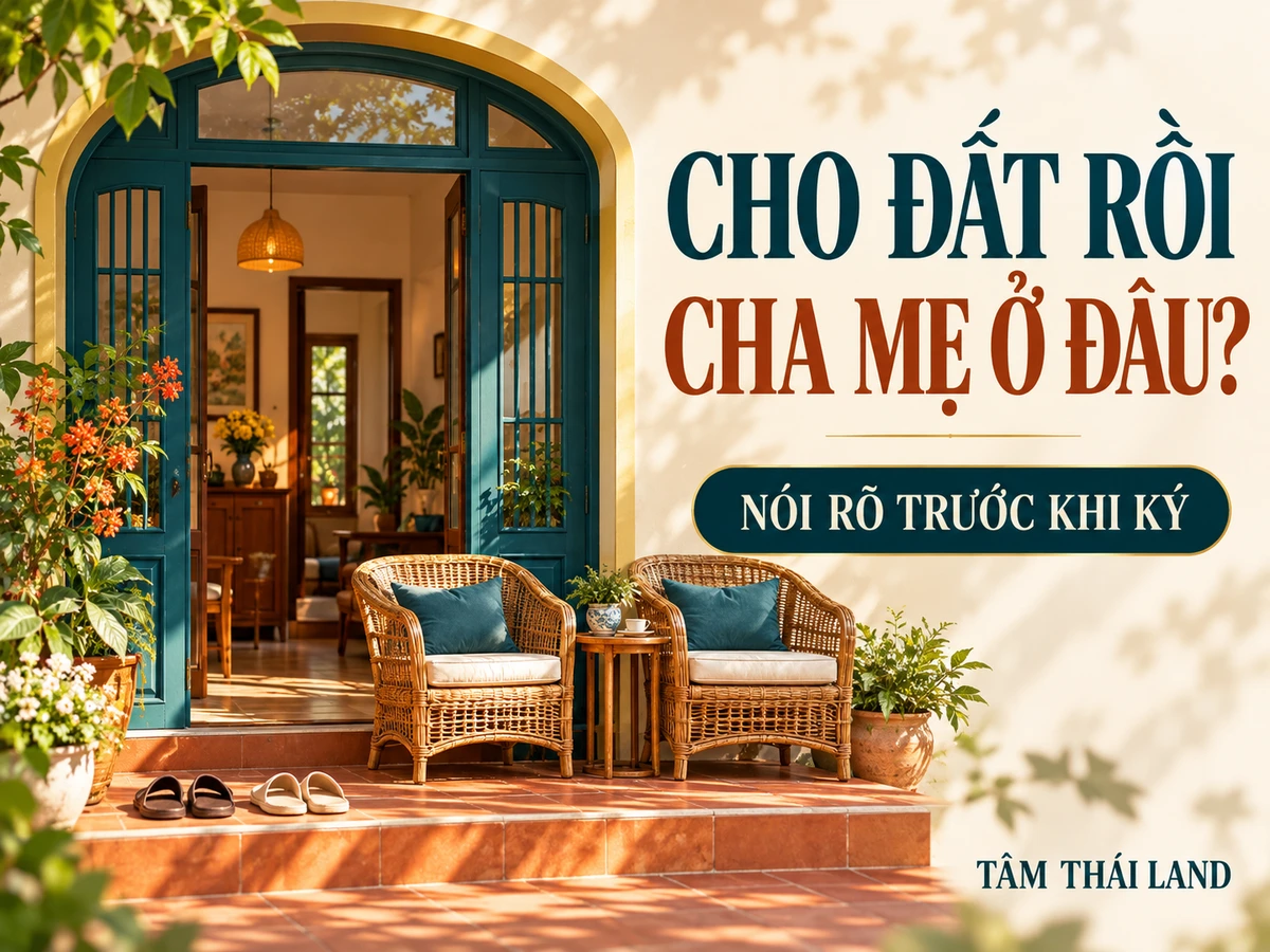 Minh họa hai ghế bên cửa nhà, nhắc gia đình trao đổi chỗ ở của cha mẹ trước khi ký tặng cho.