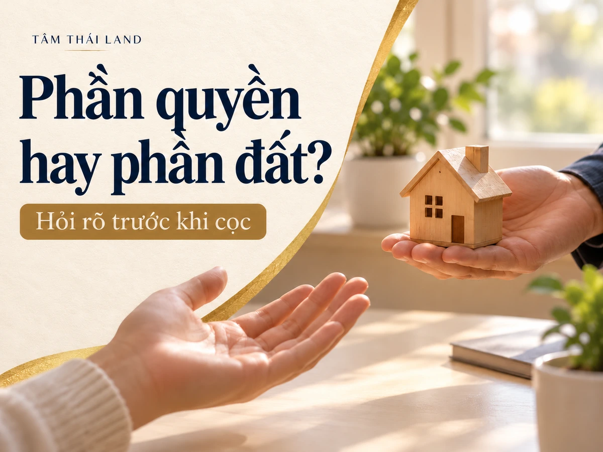 Minh họa bàn tay trao mô hình nhà, gợi người mua phân biệt phần quyền với phần đất riêng.