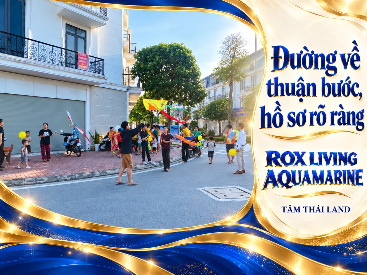 Thiết kế từ tư liệu nhóm người cùng diều, bóng bay trên đường tại Aquamarine; gợi việc hỏi rõ hồ sơ lối tiếp cận theo lô.
