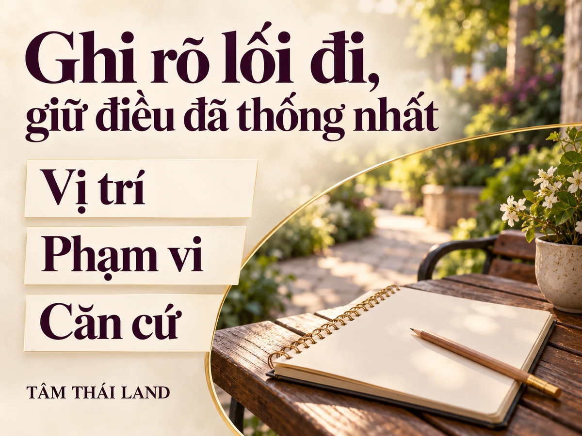 Minh họa sổ trống và bút bên lối vườn, nhắc ghi vị trí, phạm vi và căn cứ sử dụng.